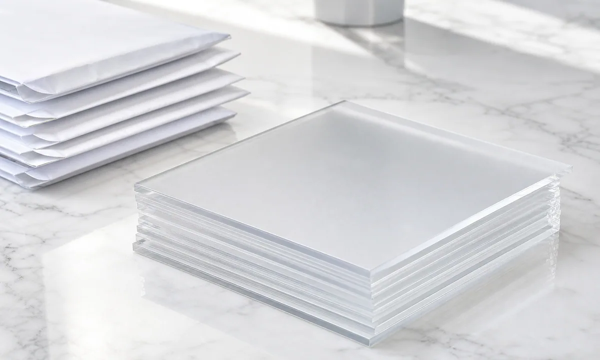 Frosted acrylic layers and envelopes on marble in bright studio light.
