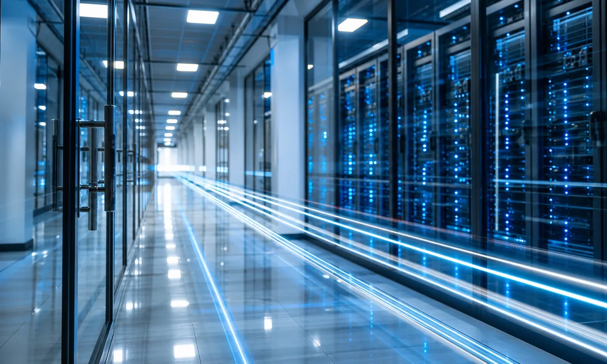 Long-exposure cyan and white light trails along a modern data corridor.