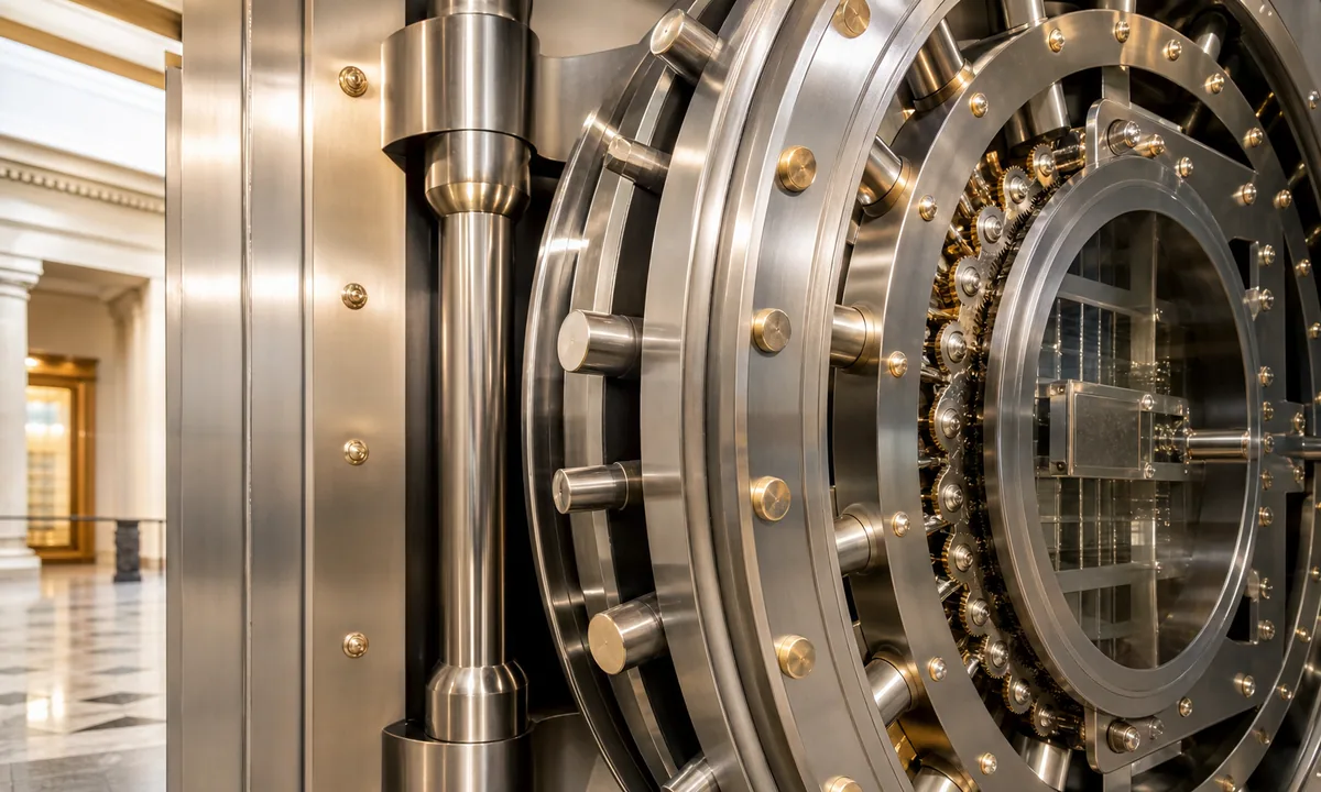Vault door imagery in editorial light.