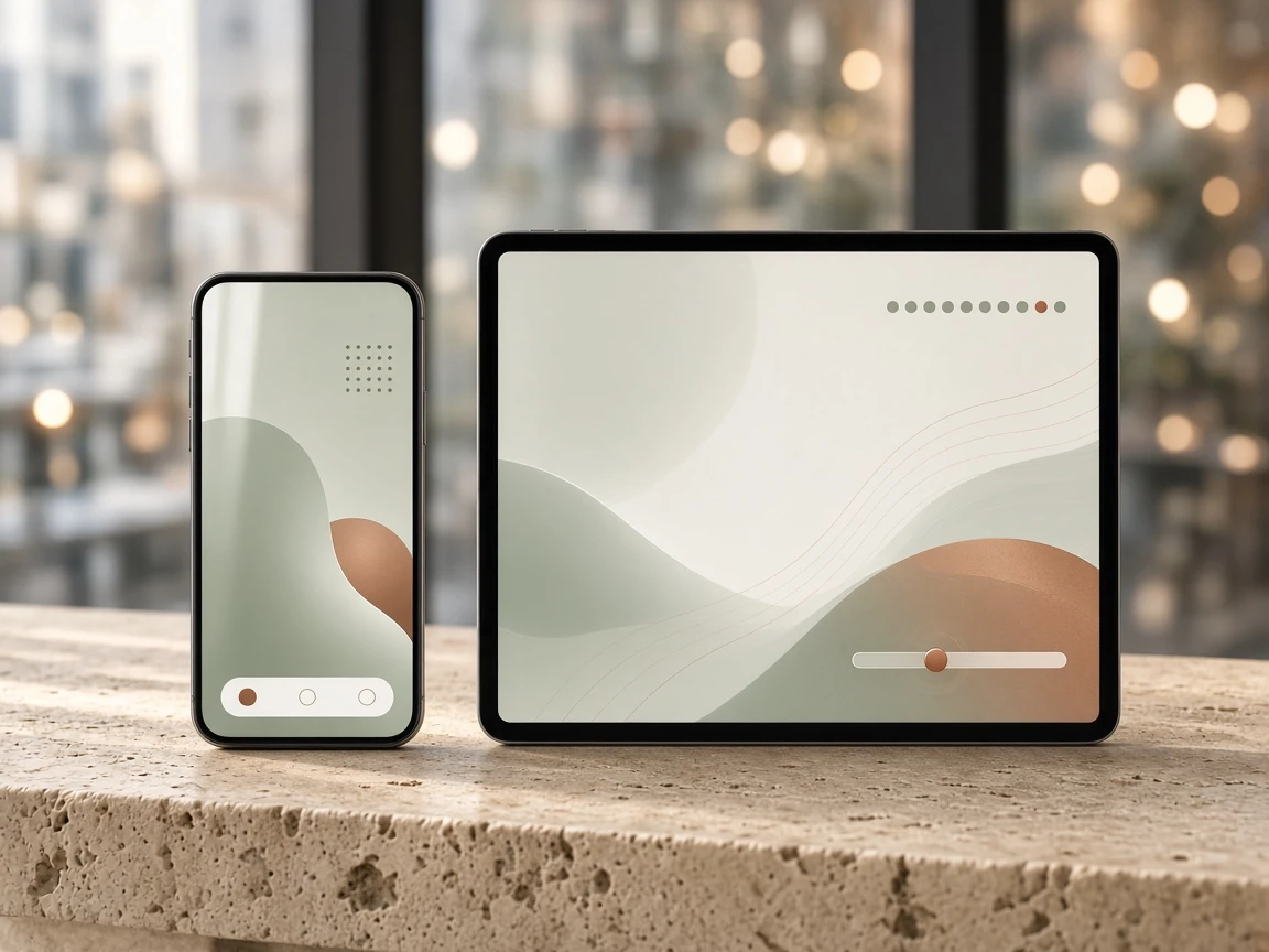 Phone and tablet showing soft sage app interfaces on stone.