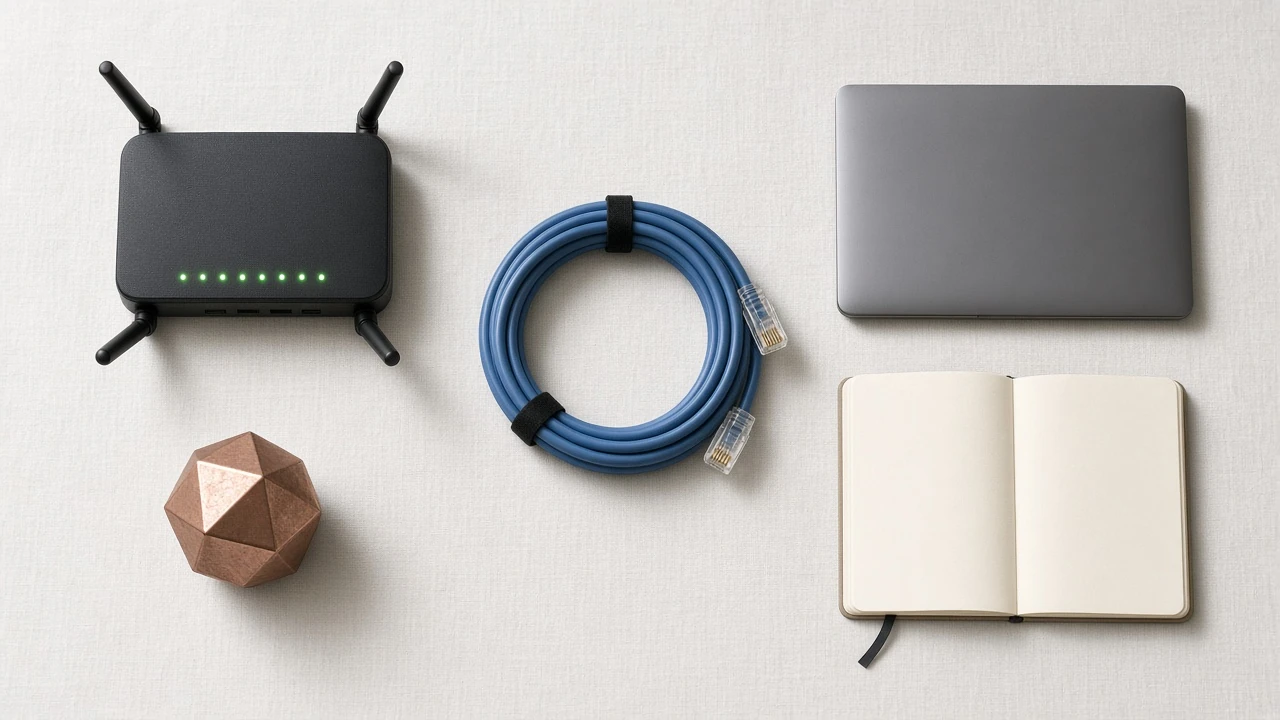 Neat flat lay of networking gear and a closed laptop on linen.