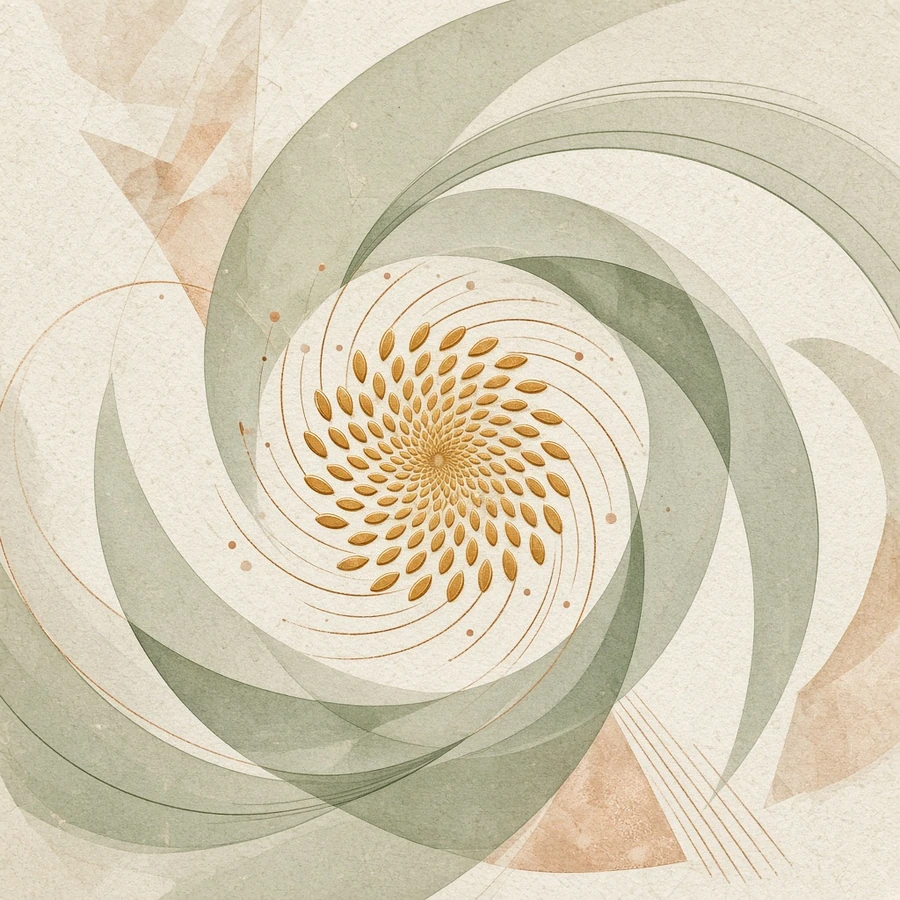 Abstract sunflower lattice mark in copper and sage.