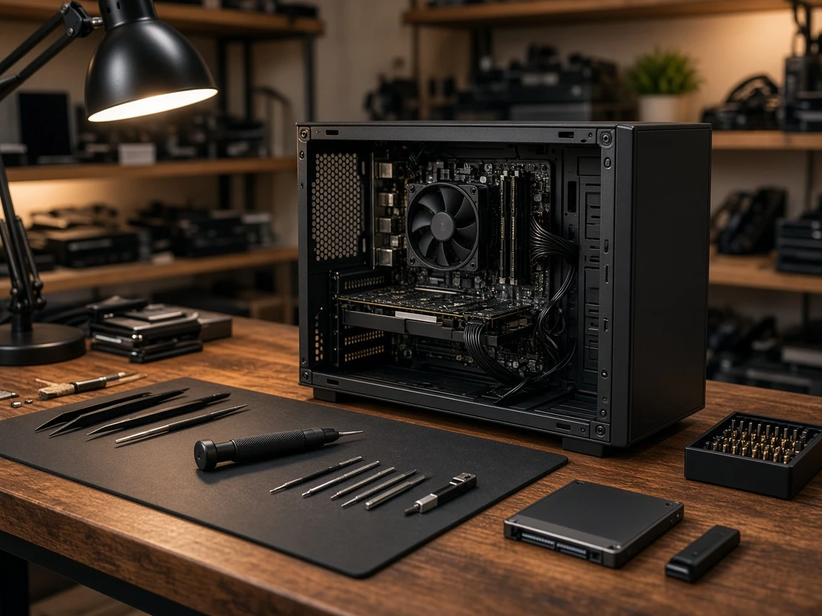Open desktop PC and precision tools on a walnut repair bench.