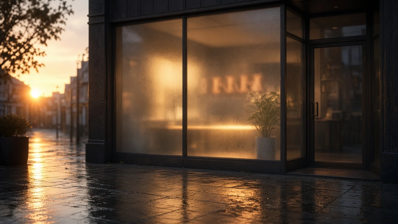 Warm glass storefront glow at golden hour.