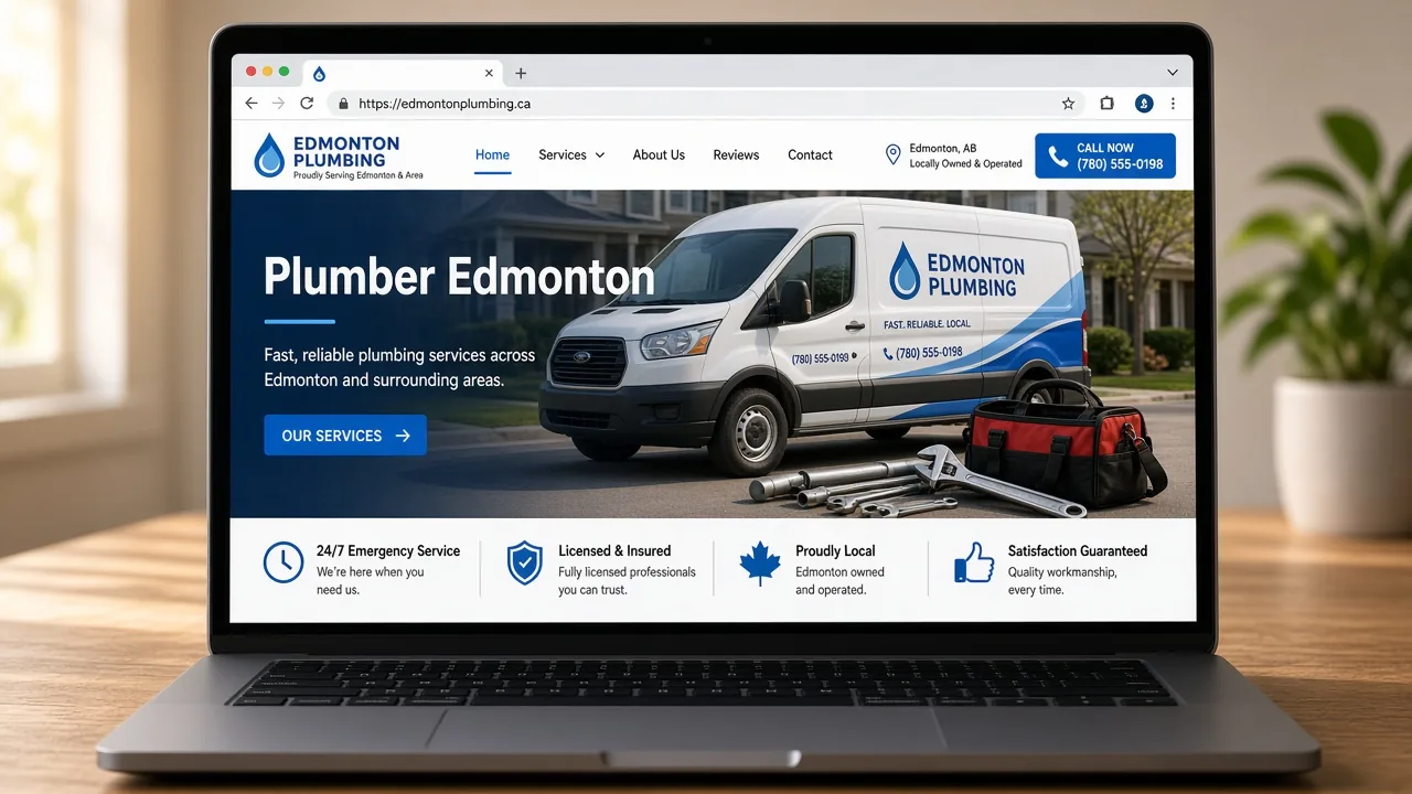 Plumber website template mockup on a laptop.